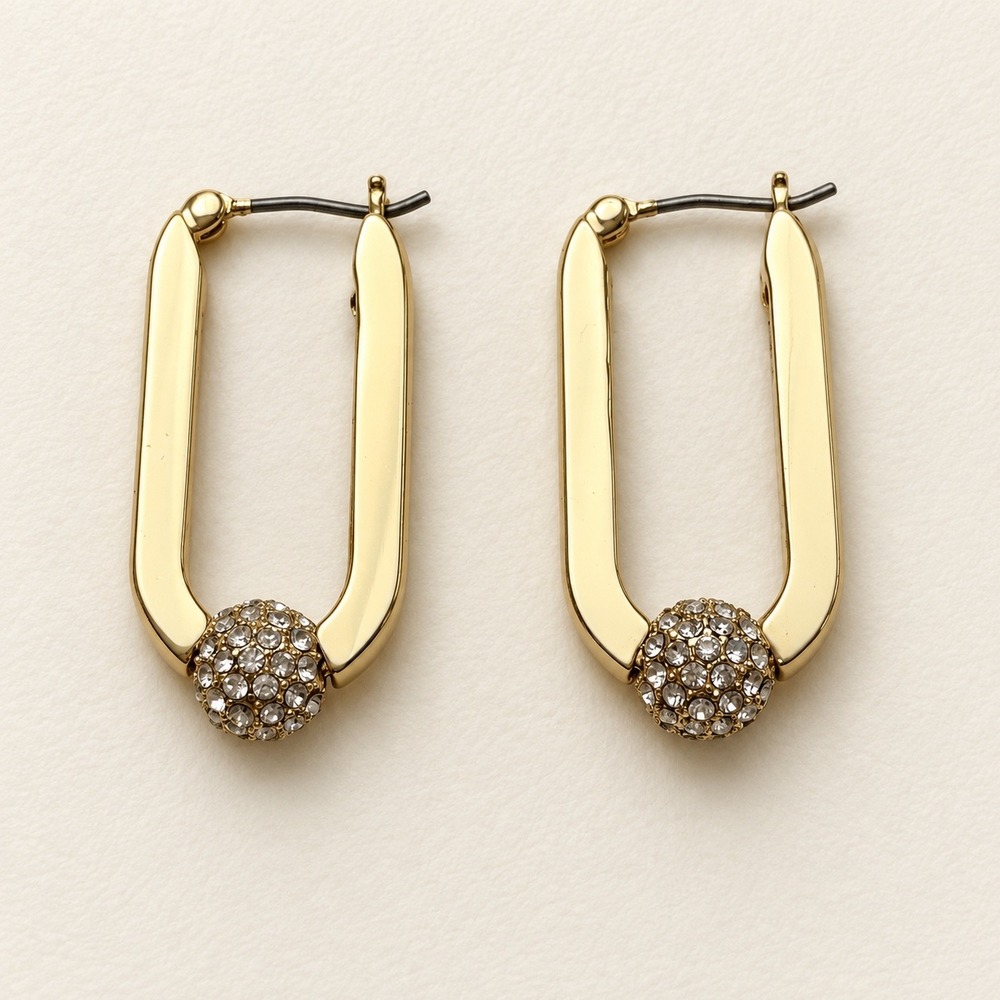 DKNY Gold Tone Pavé Crystal Ball Elongated Oval Hoop Earrings